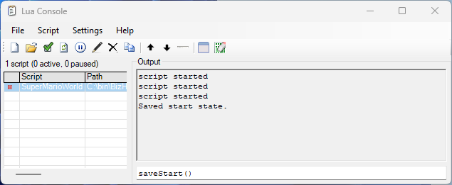 Screenshot: Lua Console with "Saved start state." visible in output